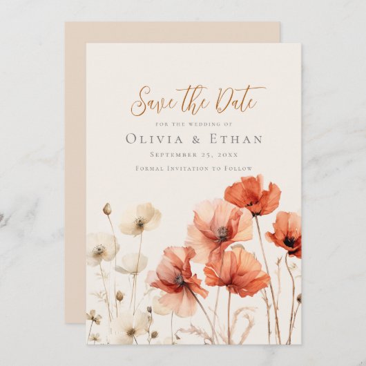 ポピーとワイルドフラワーの日付を保存 招待状 (正面/裏面)