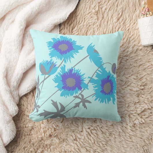 ポピーのアクア、ブルー、紫のグレー装飾用クッション クッション (ブランケット)