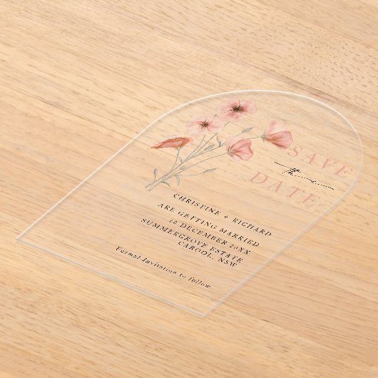 ポピーのオレンジ色の花の結婚式の日付を保存 アクリル招待状 (レイダウン)