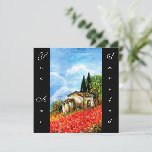 ポピーのトスカーナの風景 赤い花の畑 黒 招待状 (スタンド正面)