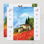 ポピーのトスカーナの風景 赤い花の野原 白 招待状 (正面/裏面)