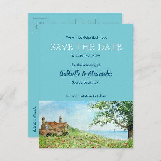 ポピーのフィールド水の色の結婚式の日付を保存 案内ポストカード (正面/裏面)