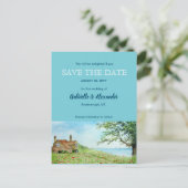 ポピーのフィールド水の色の結婚式の日付を保存 案内ポストカード (スタンド正面)