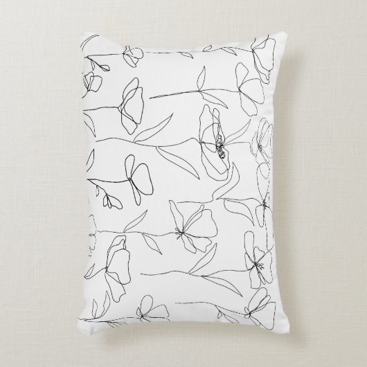 ポピーのワイルドフラワーブラックとホワイトミニマルフローラ アクセントクッション (正面(垂直))