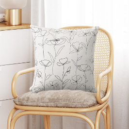 ポピーのワイルドフラワーブラックとホワイトミニマルフローラ クッション