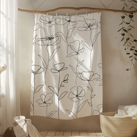 ポピーのワイルドフラワーブラックとホワイトミニマルフローラ フリースブランケット