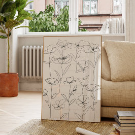 ポピーのワイルドフラワーブラックとホワイトミニマルフローラ ポスター