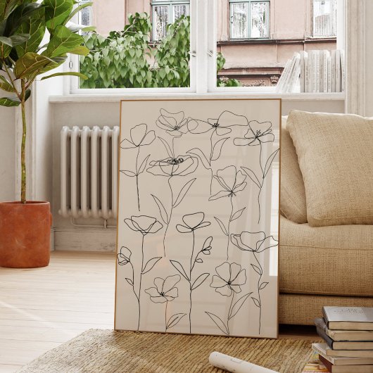 ポピーのワイルドフラワーブラックとホワイトミニマルフローラ ポスター