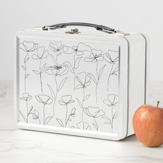ポピーのワイルドフラワーブラックとホワイトミニマルフローラ メタルランチボックス (インサイチュ)