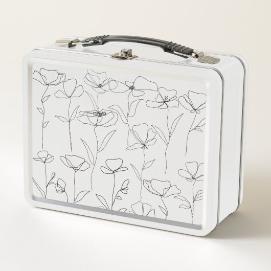 ポピーのワイルドフラワーブラックとホワイトミニマルフローラ メタルランチボックス (正面)