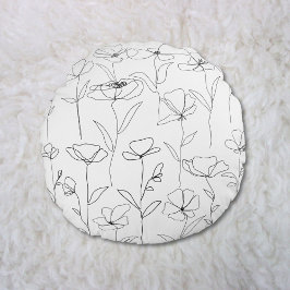 ポピーのワイルドフラワーブラックとホワイトミニマルフローラ ラウンドクッション
