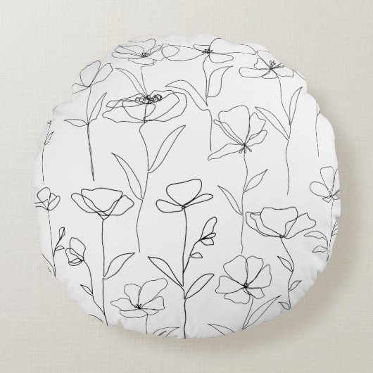 ポピーのワイルドフラワーブラックとホワイトミニマルフローラ ラウンドクッション (正面)