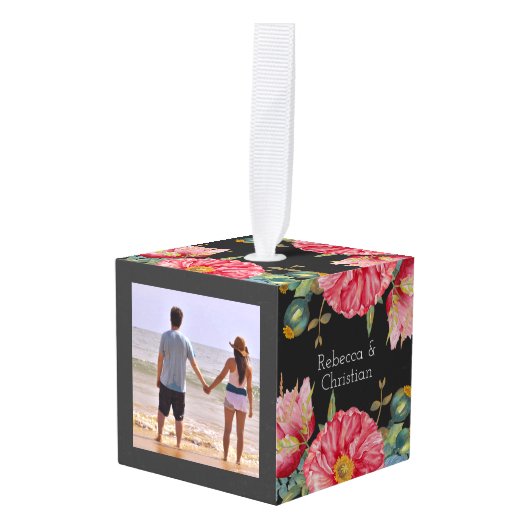 ポピーの水彩パーソナライズされた結婚花 キューブオーナメント (正面アングル)