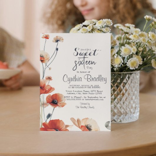ポピーの花と甘い16誕生日パーティー 招待状