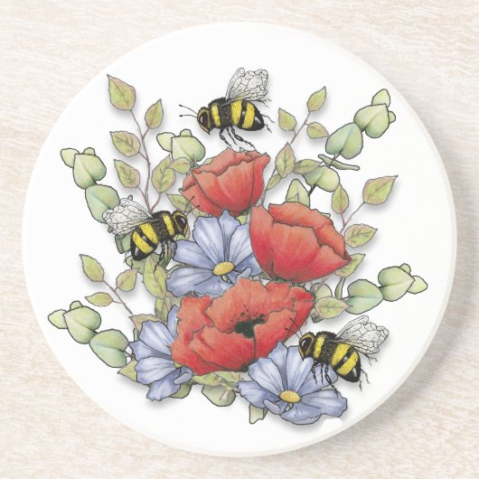 ポピーの花と蜂のデジタルドローイング、植物画 コースター (正面)