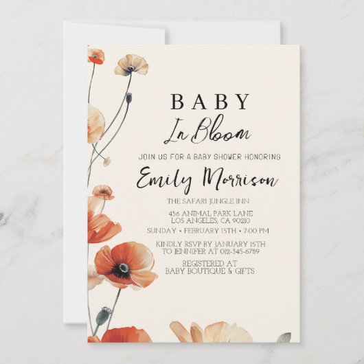 ポピーの花のベビー来開花の赤ちゃんシャワー 招待状 (正面)