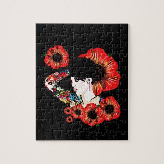 ポピーの花の中に入ったタトゥーの入った女の子Art by LeahG ジグソーパズル (縦)