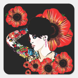 ポピーの花の中に入ったタトゥーの入った女の子Art by LeahG スクエアシール