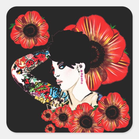 ポピーの花の中に入ったタトゥーの入った女の子Art by LeahG スクエアシール (正面)
