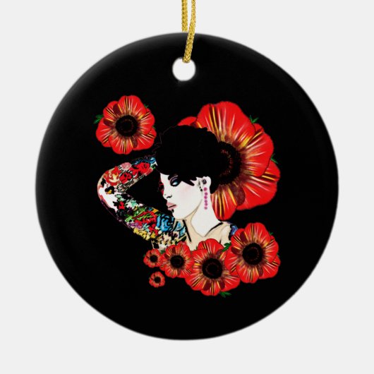 ポピーの花の中に入ったタトゥーの入った女の子Art by LeahG セラミックオーナメント (正面)