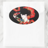 ポピーの花の中に入ったタトゥーの入った女の子Art by LeahG 楕円形シール (バッグ)