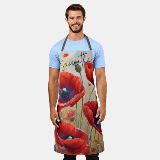 ポピーの花の花の名パーソナライズされた前キッチン エプロン (着用した状態)