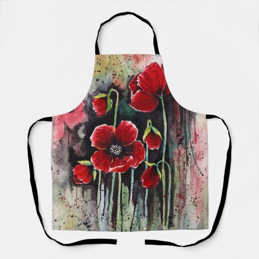 ポピーの花を水彩エプロンに エプロン (正面)