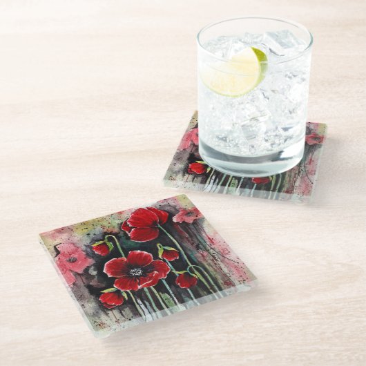 ポピーの花を水色に ガラスコースター (アングル)