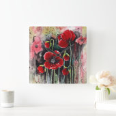 ポピーの花を水色に スクエア壁時計 (ホーム)