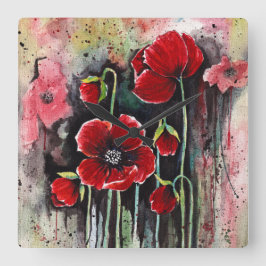 ポピーの花を水色に スクエア壁時計