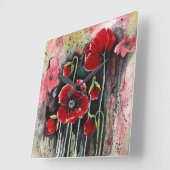 ポピーの花を水色に スクエア壁時計 (傾斜)