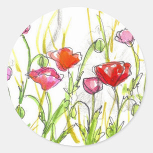 ポピーの花畑夏の野草絵画の花 ラウンドシール