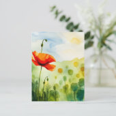 ポピーの花、牧草地、水彩アート ポストカード (スタンド正面)