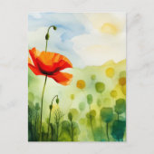 ポピーの花、牧草地、水彩アート ポストカード (正面)