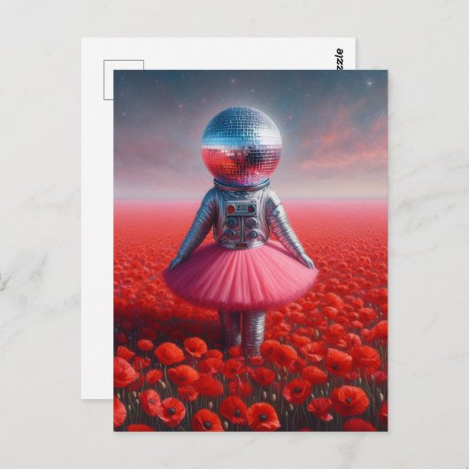 ポピーの草地にいるディスコの宇宙飛行士 ポストカード (正面/裏面)