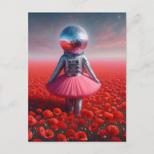 ポピーの草地にいるディスコの宇宙飛行士 ポストカード (正面)