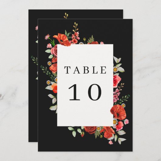 ポピーの野の花結婚ダークテーブル番号 招待状 (正面/裏面)