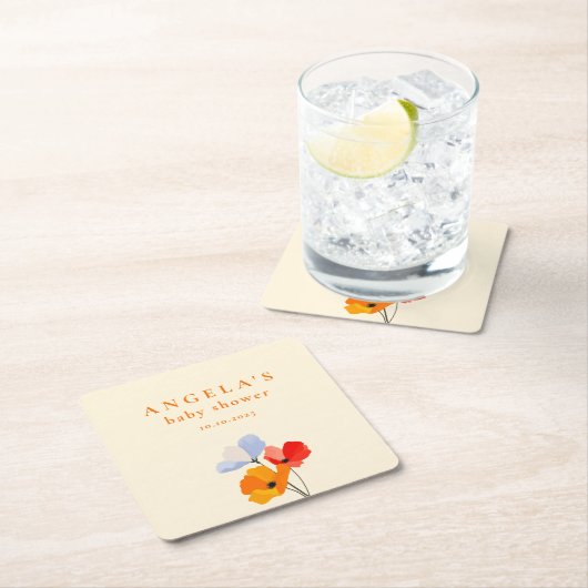 ポピーはっきりしたフローラの赤ちゃんシャワー スクエアペーパーコースター (インサイチュ)