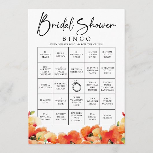 ポピーはゲストを見つけるブライダルシャワービンゴゲーム 招待状 (正面)