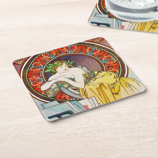 ポピーを持つミュシャ スクエアペーパーコースター (アングル)