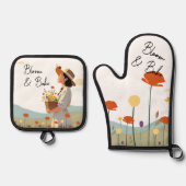 ポピーイラストレーションカスタムガーデナーベイカーギフト 鍋つかみ&鍋敷きセット (正面)