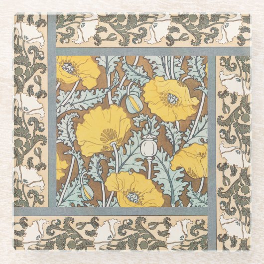 ポピーイラストレーション黄色の花 ガラスコースター (正面)