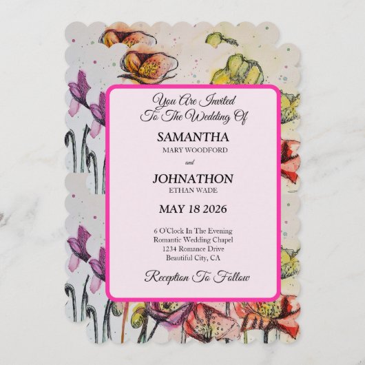ポピーウォーターカラーフラワーフローラ結婚式招待状 招待状 (正面/裏面)