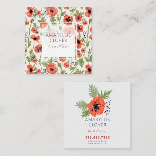 ポピーエレガントズオレンジ色の水彩パターン スクエア名刺 (正面/裏面)