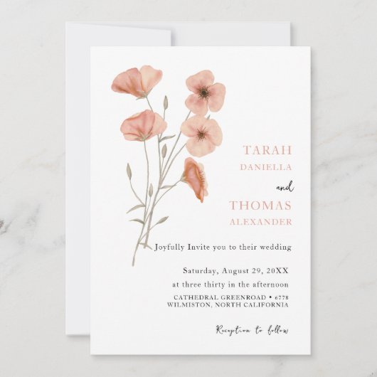 ポピーエレガントピー牧草地オレンジ結婚色の花 招待状 (正面)