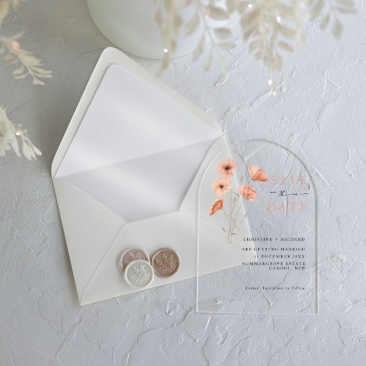 ポピーオレンジ花の結婚式Save the Date アクリル招待状