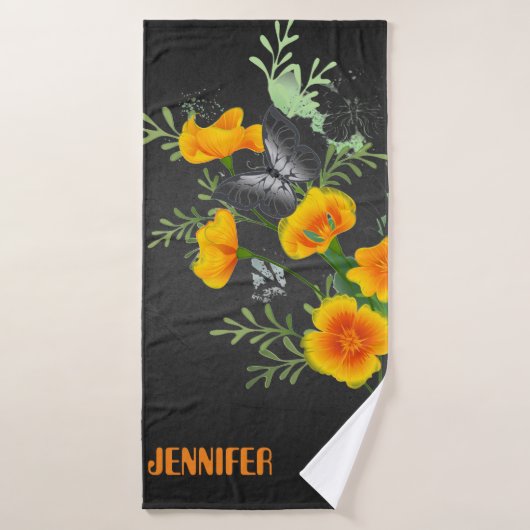 ポピーカスタムスとバタフライをセットしたブラックタオル バスタオルセット (バスタオル)