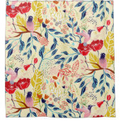 ポピーカラフルスと鳥の花の模様 シャワーカーテン (正面)