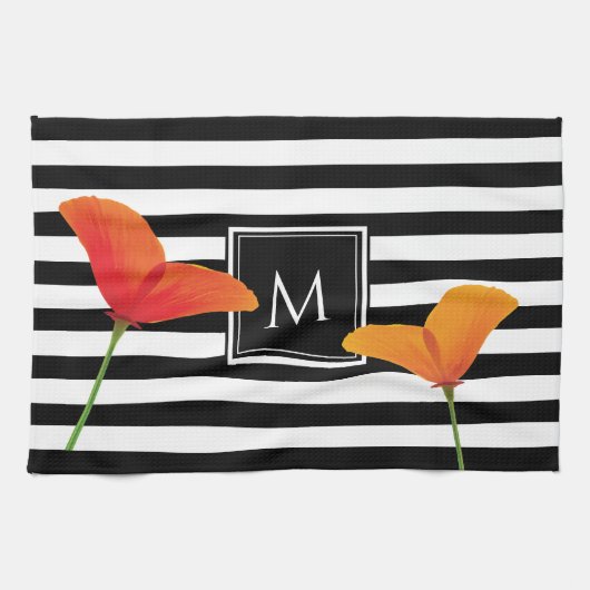 ポピーシック黒いズストライプモノグラム キッチンタオル (横)