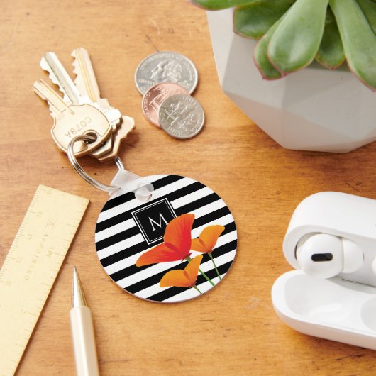 ポピーシック黒いズストライプモノグラム キーホルダー (デスク)